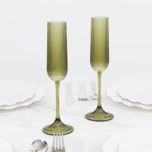 12 Pack Vintage Ribbed Champagne Flutes 4oz Transparent Dusty Sage Green – Disposable Plastic Toasting Glasses